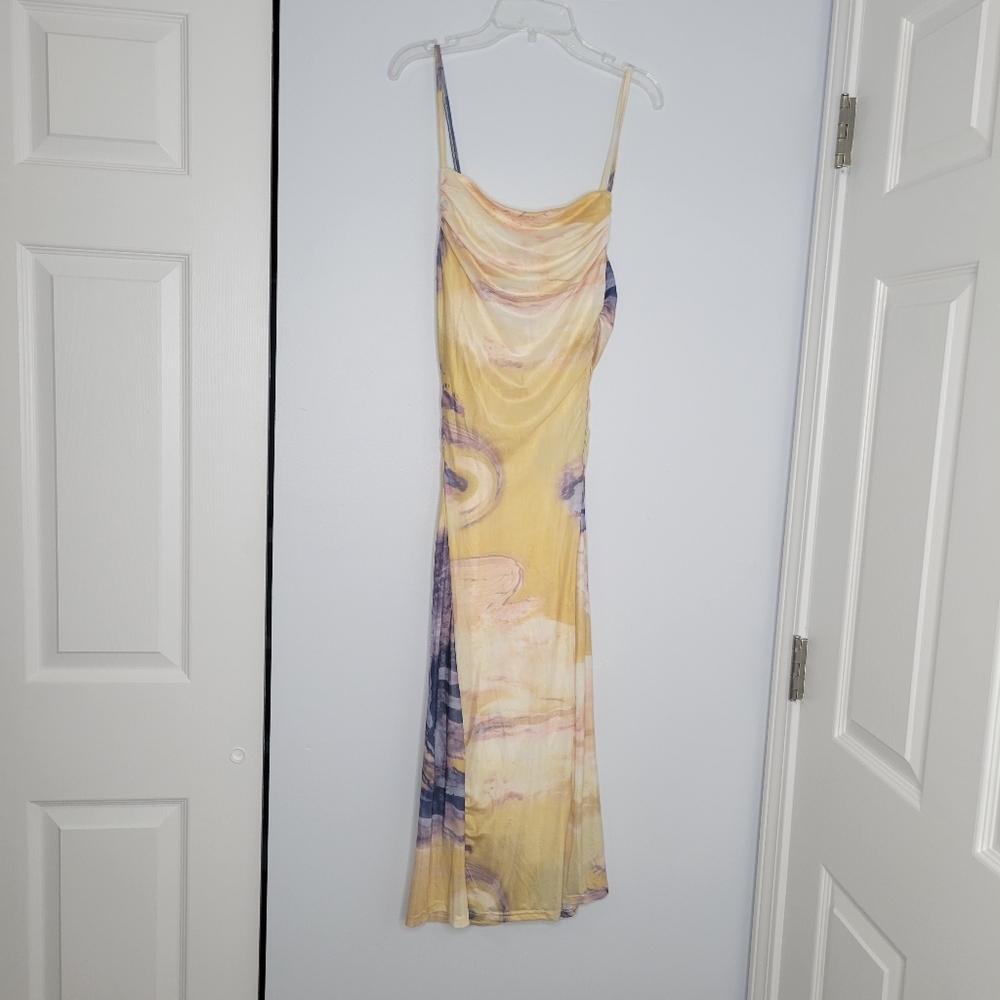 NWT Commense Yellow Purple Marble Tie-Dye Mesh Ruched Bodycon Midi Dress - Picture 2 of 9